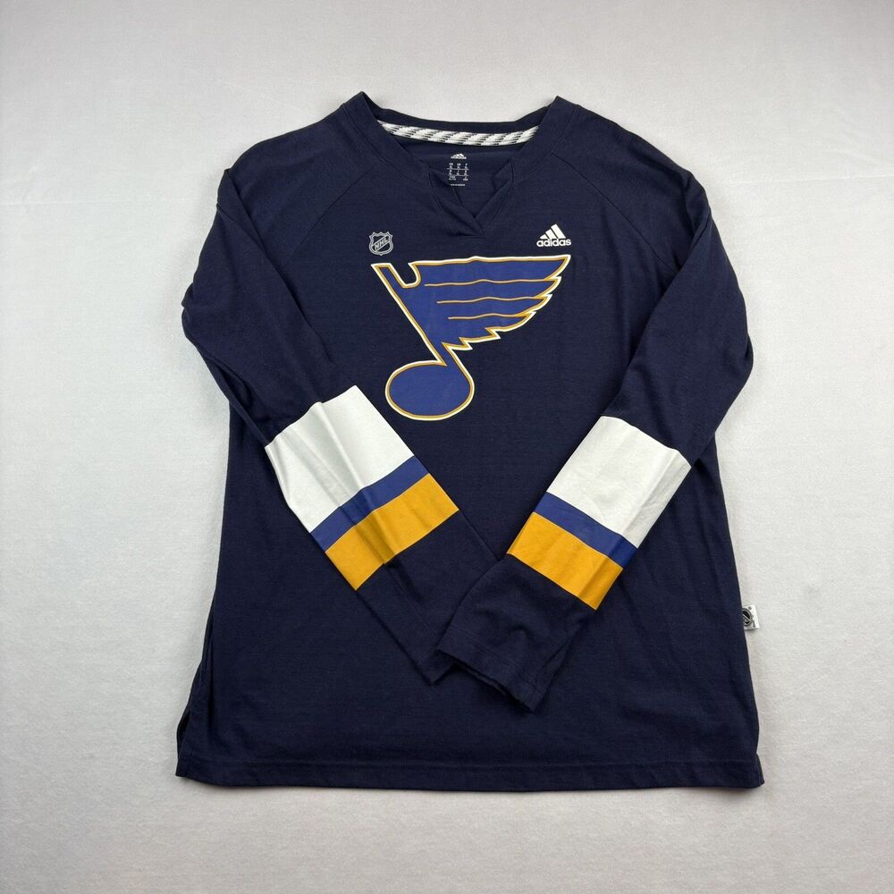 NHL St Louis Blues Adidas Long Sleeve Shirt Womens XL Blue Stripe Sleeves